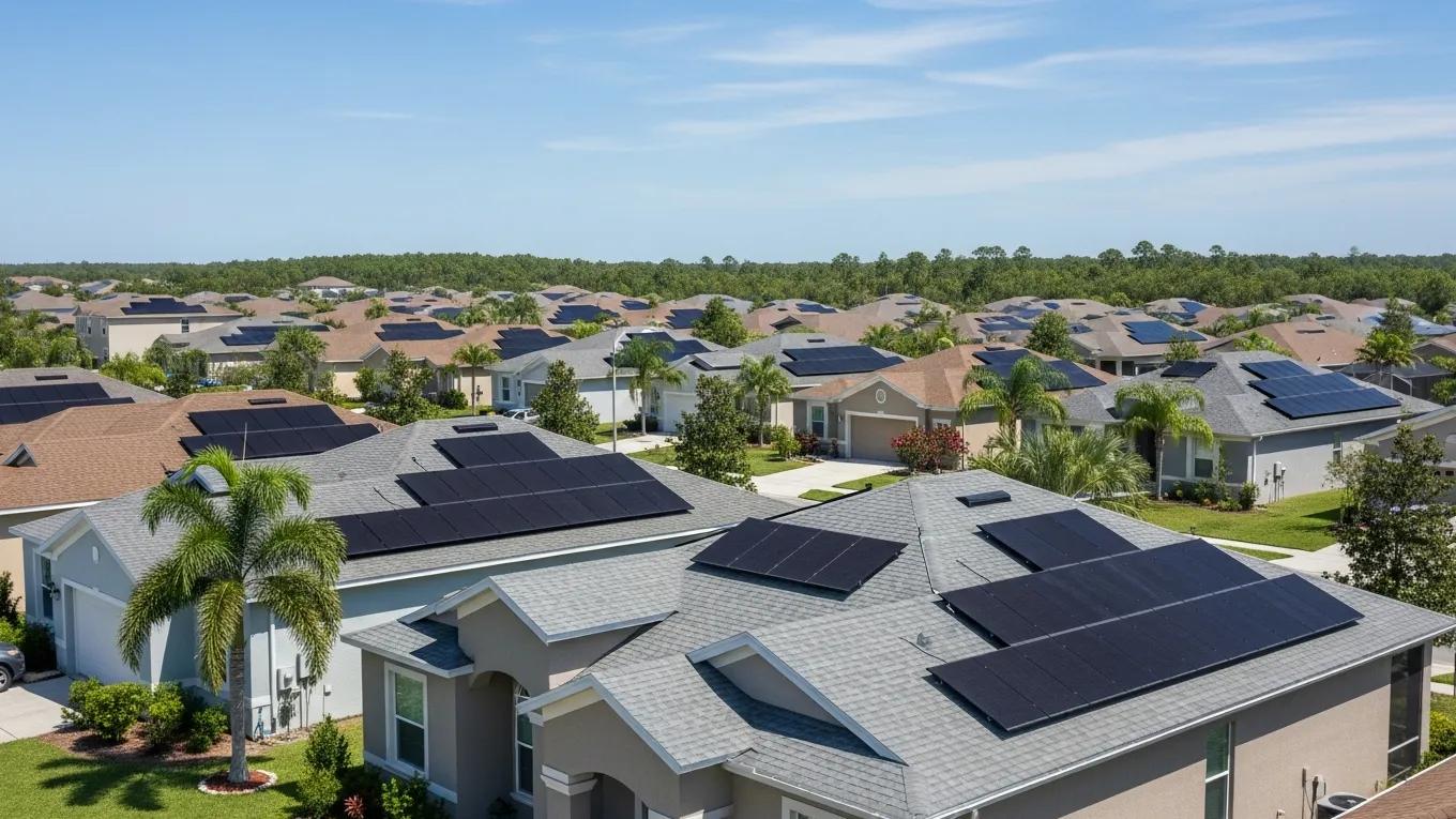 Central Florida neighborhood showcasing solar panels and roofing incentives for homeowners