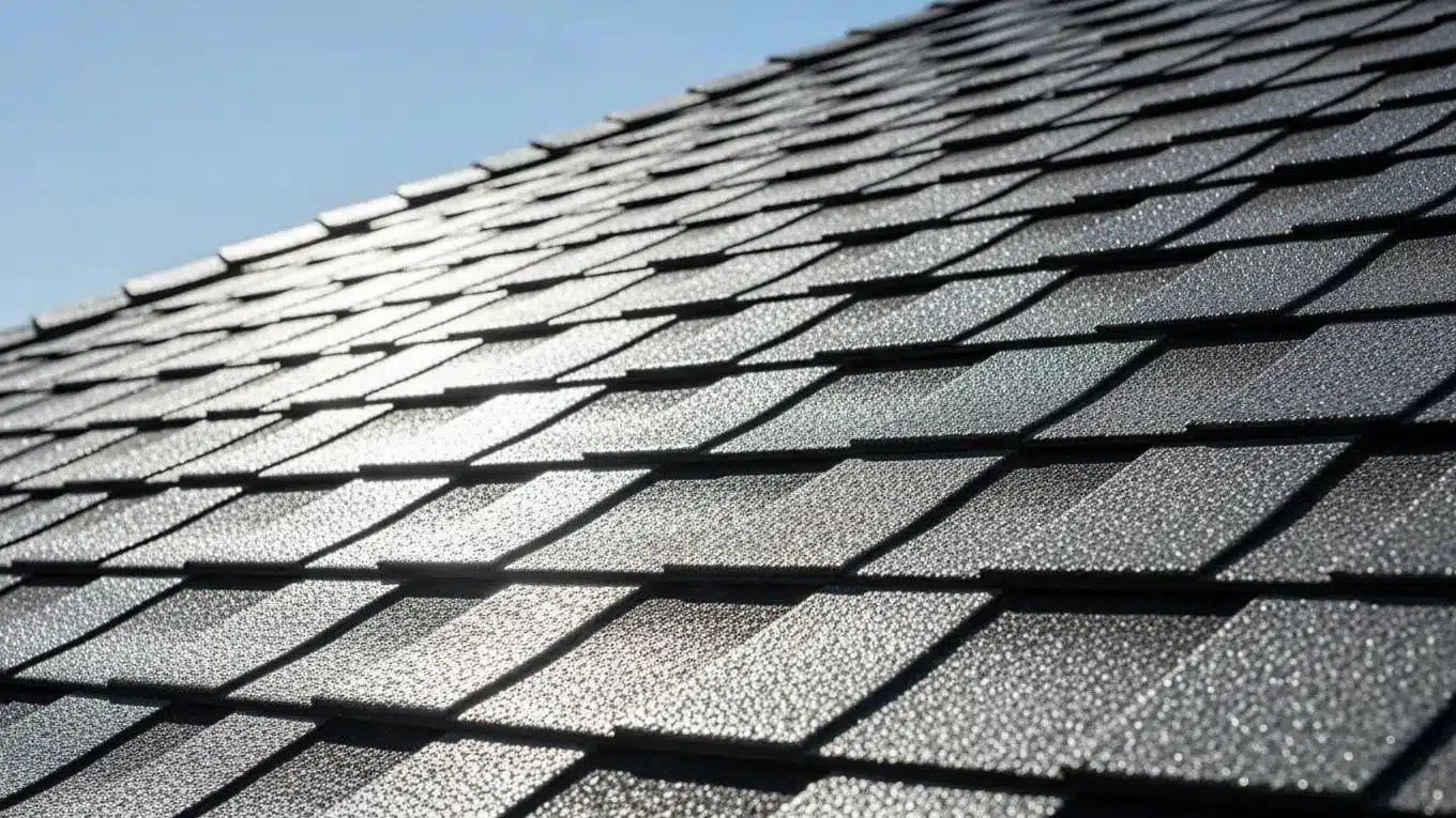 Close-up of cool-rated architectural shingles reflecting sunlight, showcasing energy efficiency