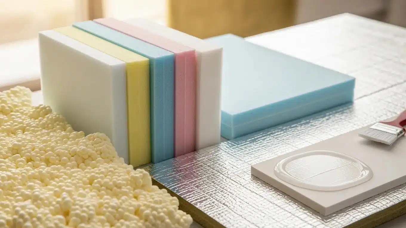 Close-up of various roof insulation materials including spray foam, rigid foam, and reflective coatings