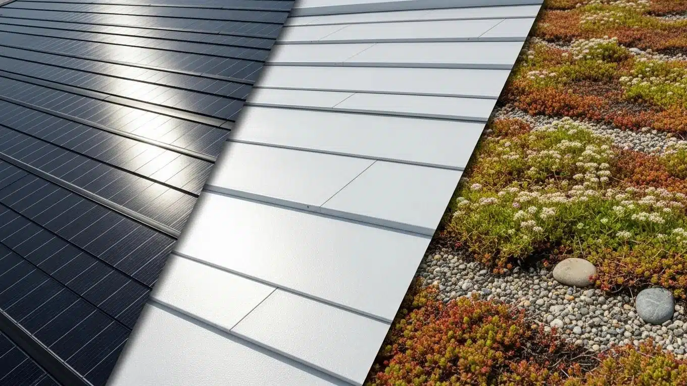 Close-up view of different energy-efficient roofing materials including solar roofs and green roofs