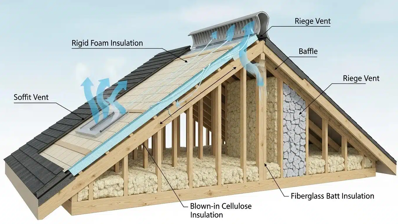 Cross-section of a roof showing insulation and ventilation systems for energy efficiency