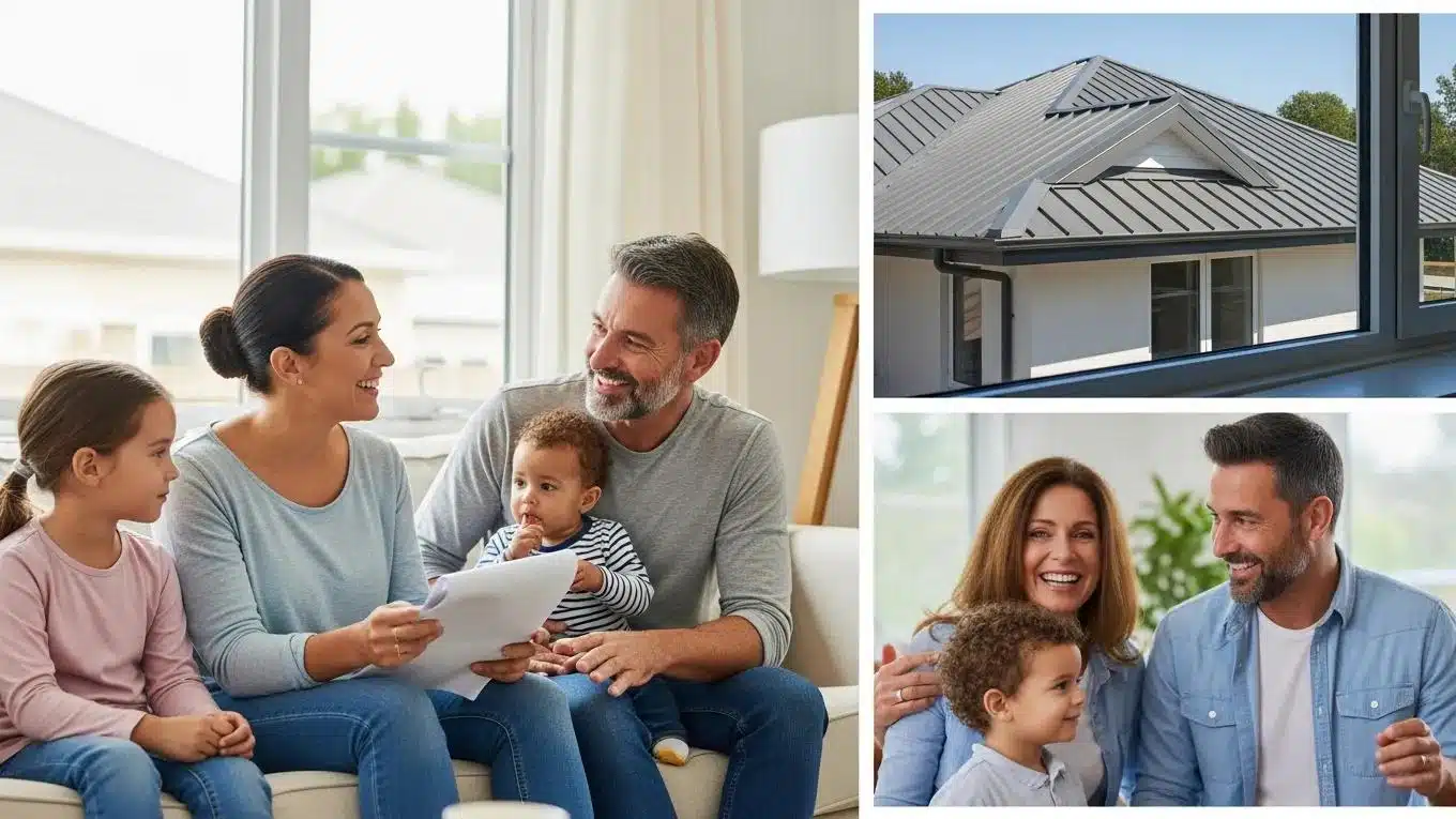 Family discussing roofing solutions and government funding opportunities in a bright home setting