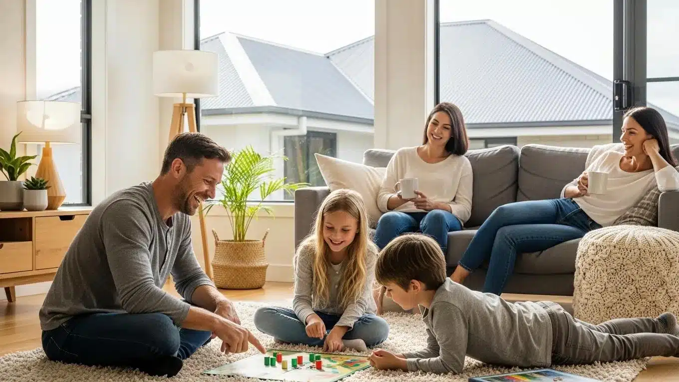 Family enjoying their home with visible energy-efficient roofing materials, highlighting comfort and savings