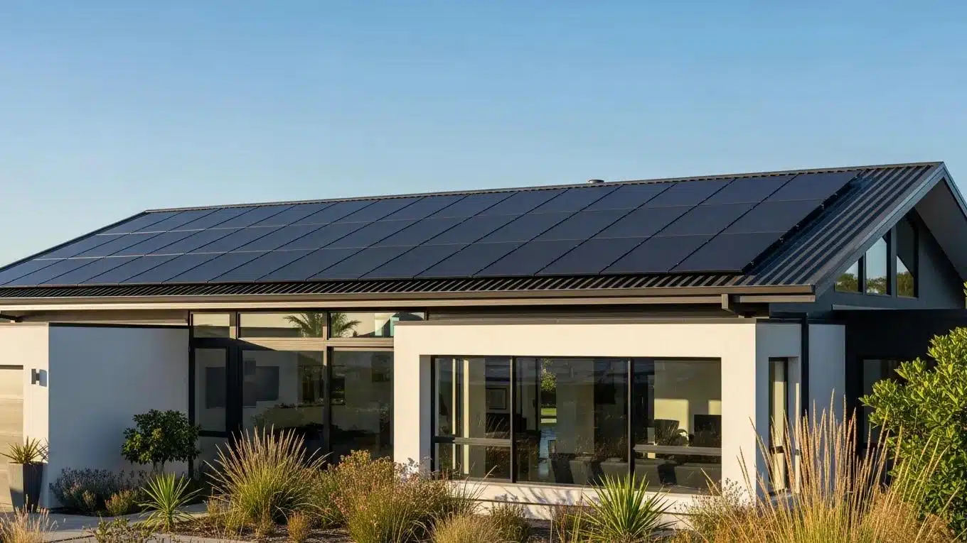 Home with solar panels integrated into the roofing system under a clear sky