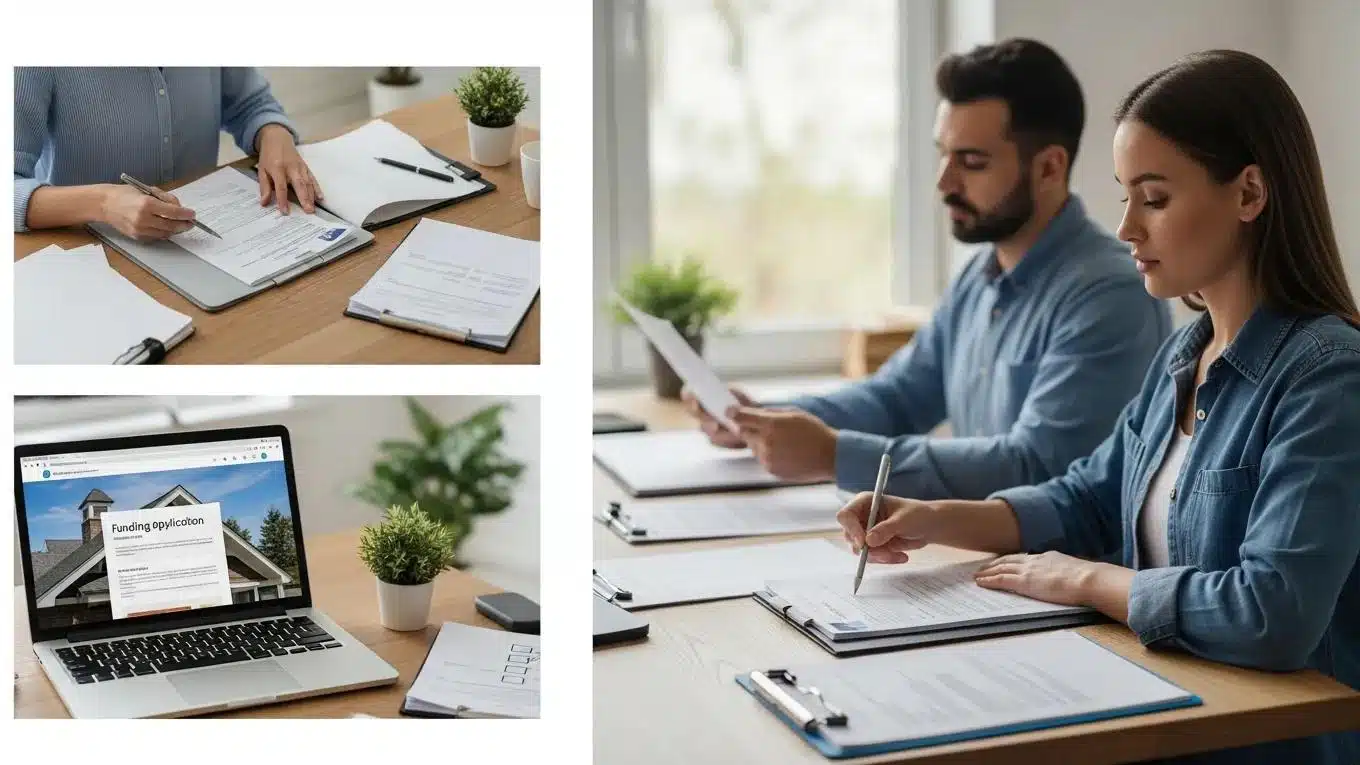 Homeowner preparing documentation for roofing funding application with organized paperwork and laptop