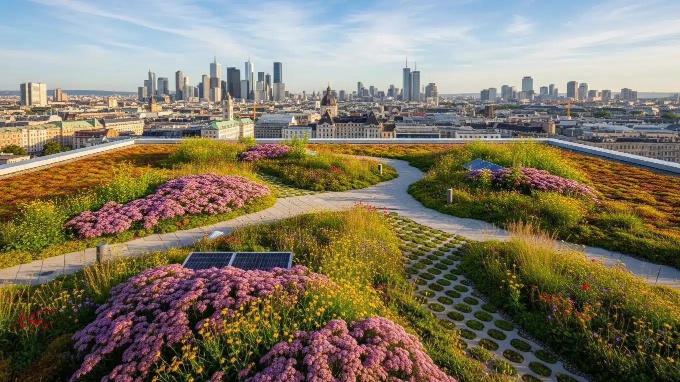Lush green roof on a modern building with urban skyline in the background, highlighting benefits of green roofing