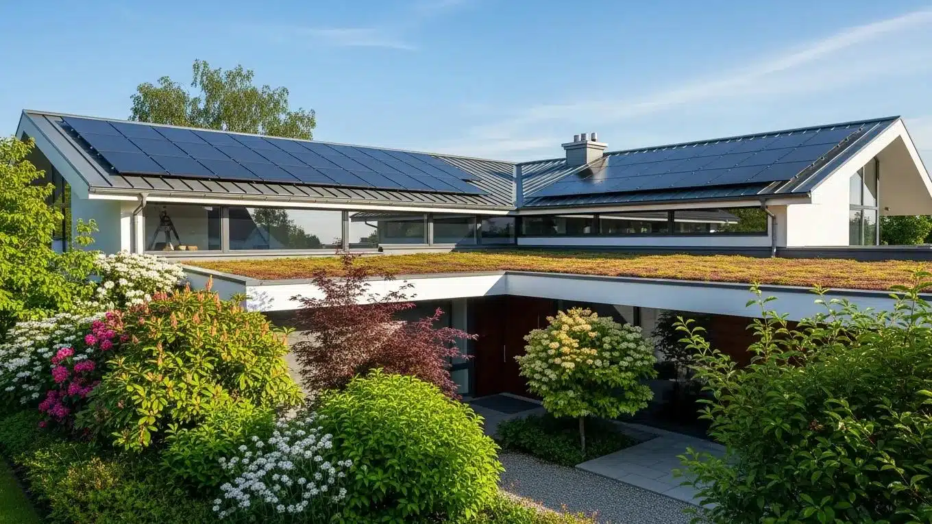 Modern home featuring energy-efficient roofing materials like solar panels and green roofs