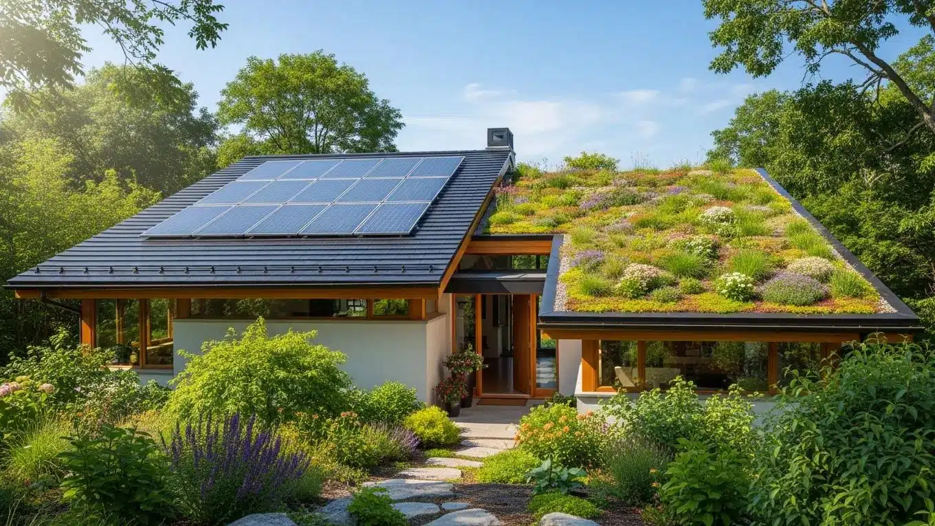 Modern home with eco-friendly roofing solutions, including solar shingles and green roof, surrounded by nature