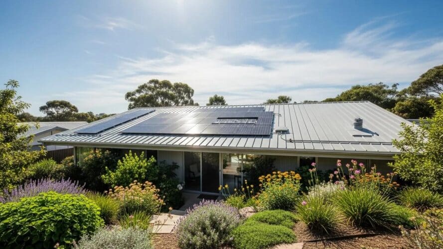 Modern home with energy-efficient roofing reflecting sunlight, surrounded by greenery