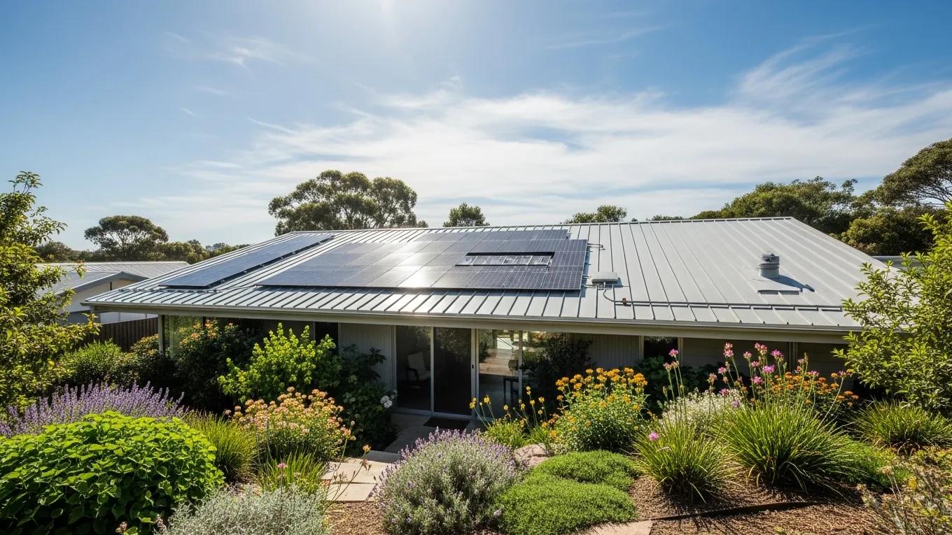 Modern home with energy-efficient roofing reflecting sunlight, surrounded by greenery