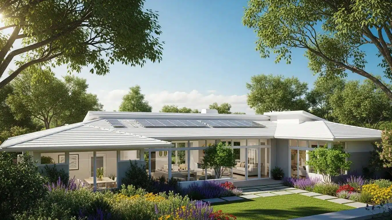Modern home with energy-efficient roofing surrounded by greenery