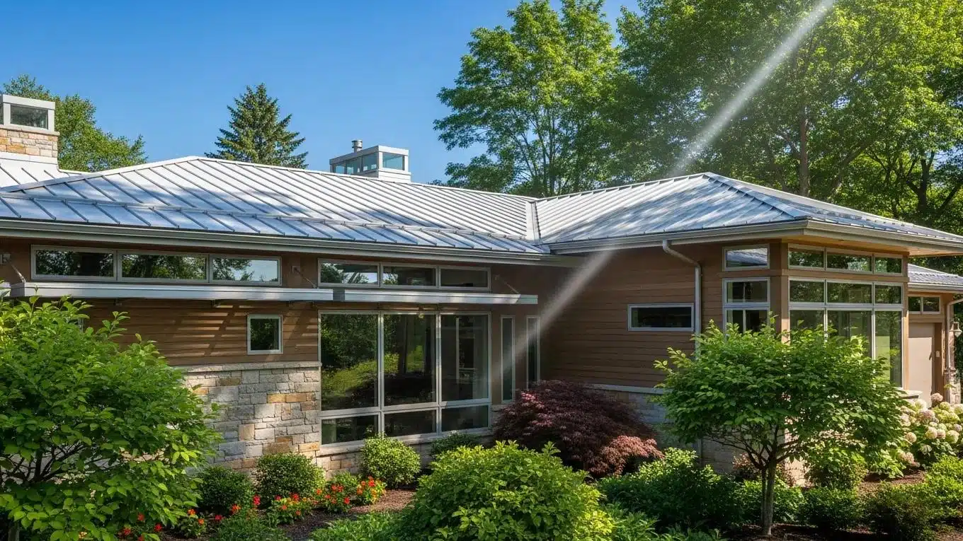 Modern home with energy-efficient roofing under a clear blue sky