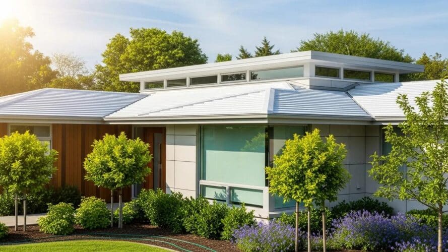Modern home with energy-efficient roofing under sunlight