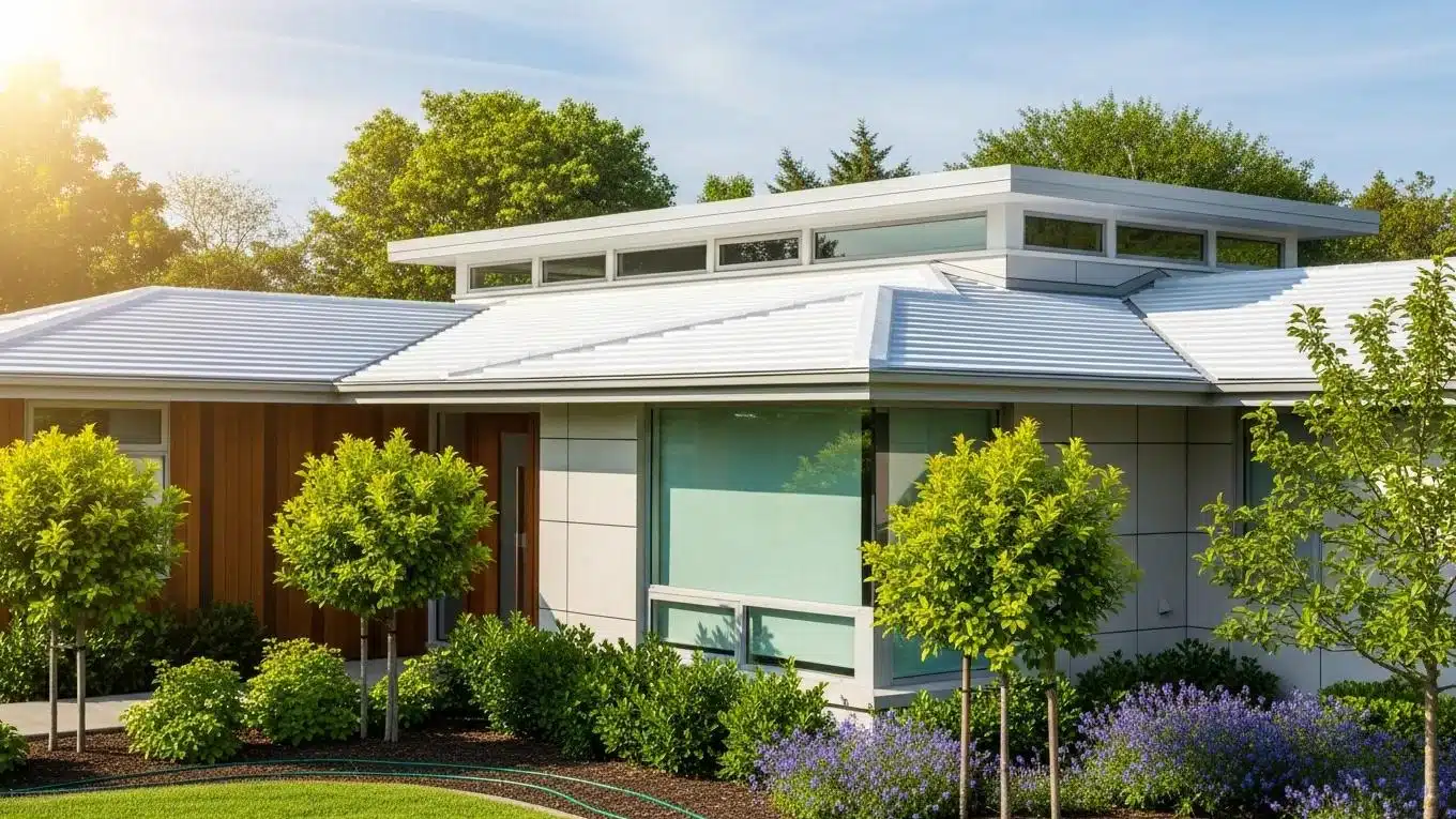 Modern home with energy-efficient roofing under sunlight