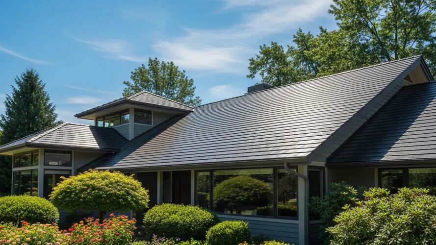 Modern home with energy-efficient shingles reflecting sunlight, showcasing sustainability and comfort