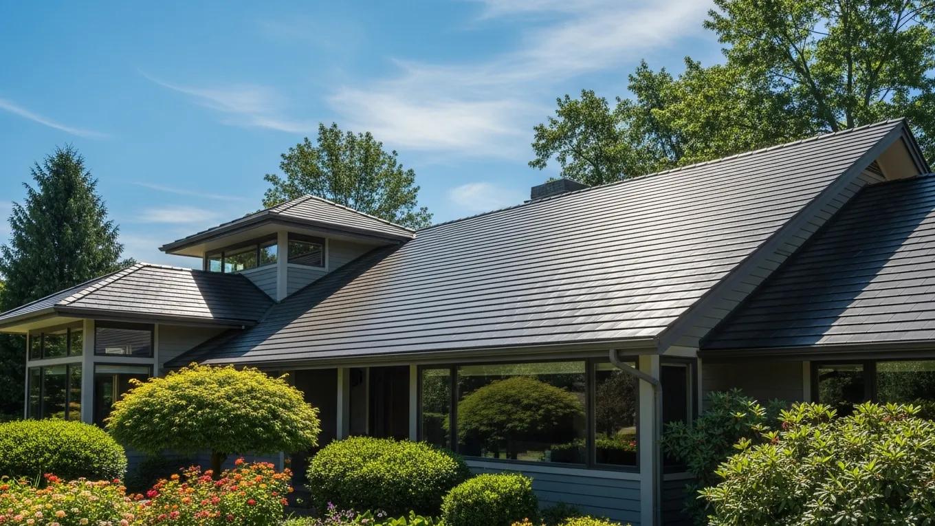 Modern home with energy-efficient shingles reflecting sunlight, showcasing sustainability and comfort