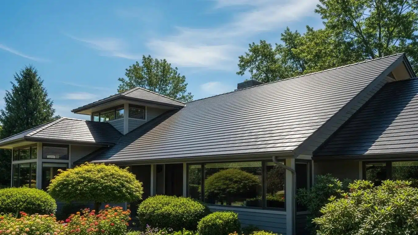 Modern home with energy-efficient shingles reflecting sunlight, showcasing sustainability and comfort