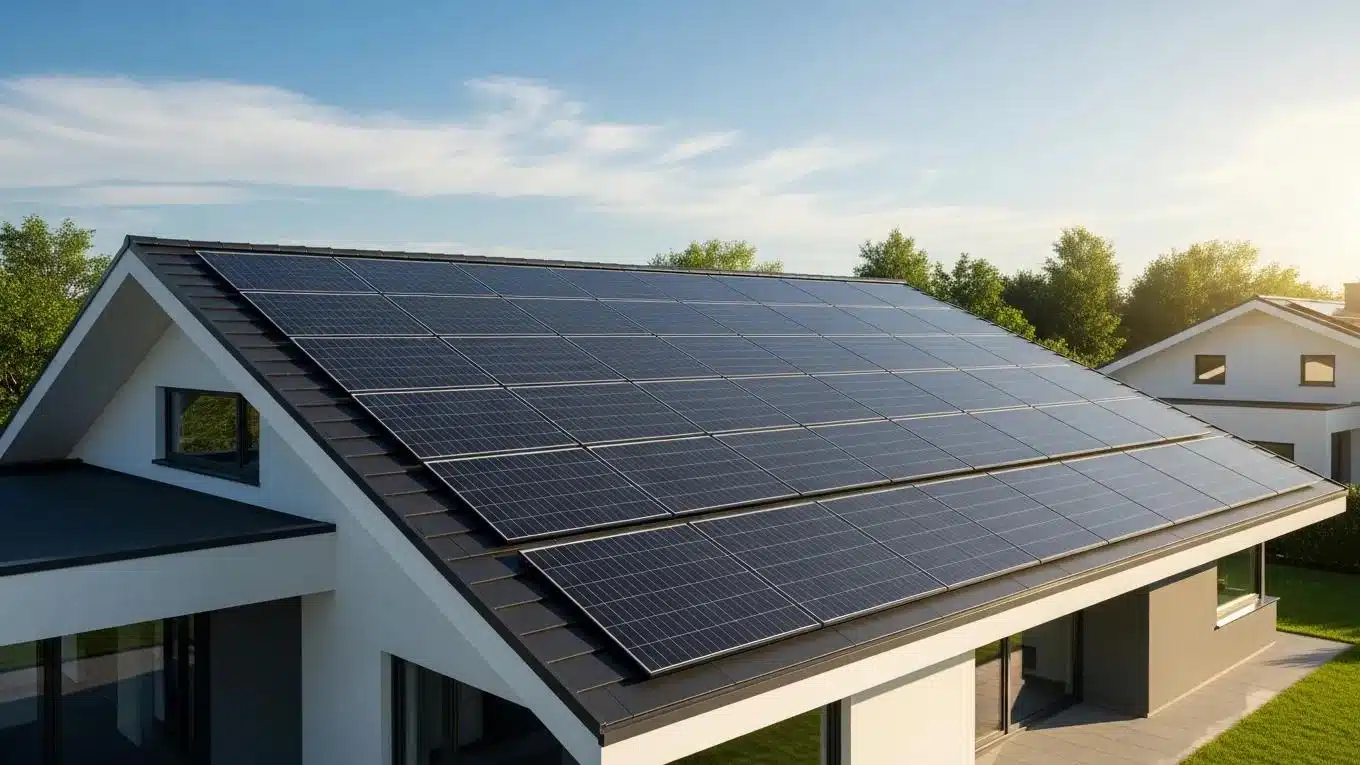 Modern roof with solar shingles illuminated by sunlight, highlighting innovation and eco-friendliness