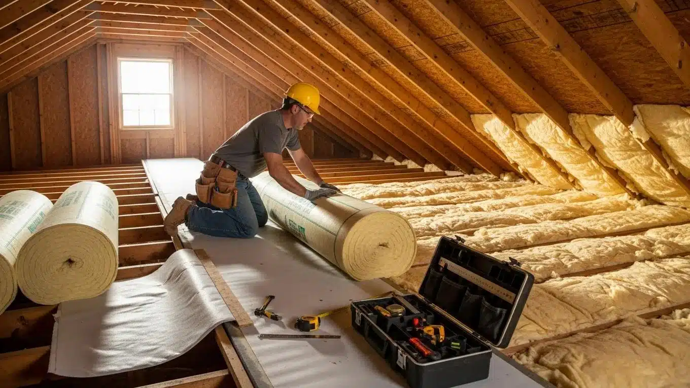 Professional contractor installing roof insulation, highlighting the benefits of expert installation