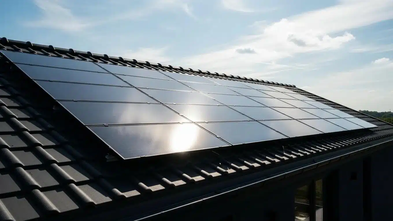 Solar panels integrated with a stylish roof under a sunny sky