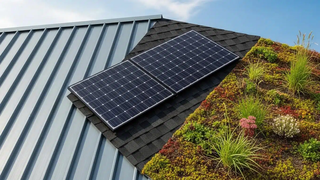 Variety of energy-efficient roofing materials including metal roofing, solar shingles, and green roofs displayed together