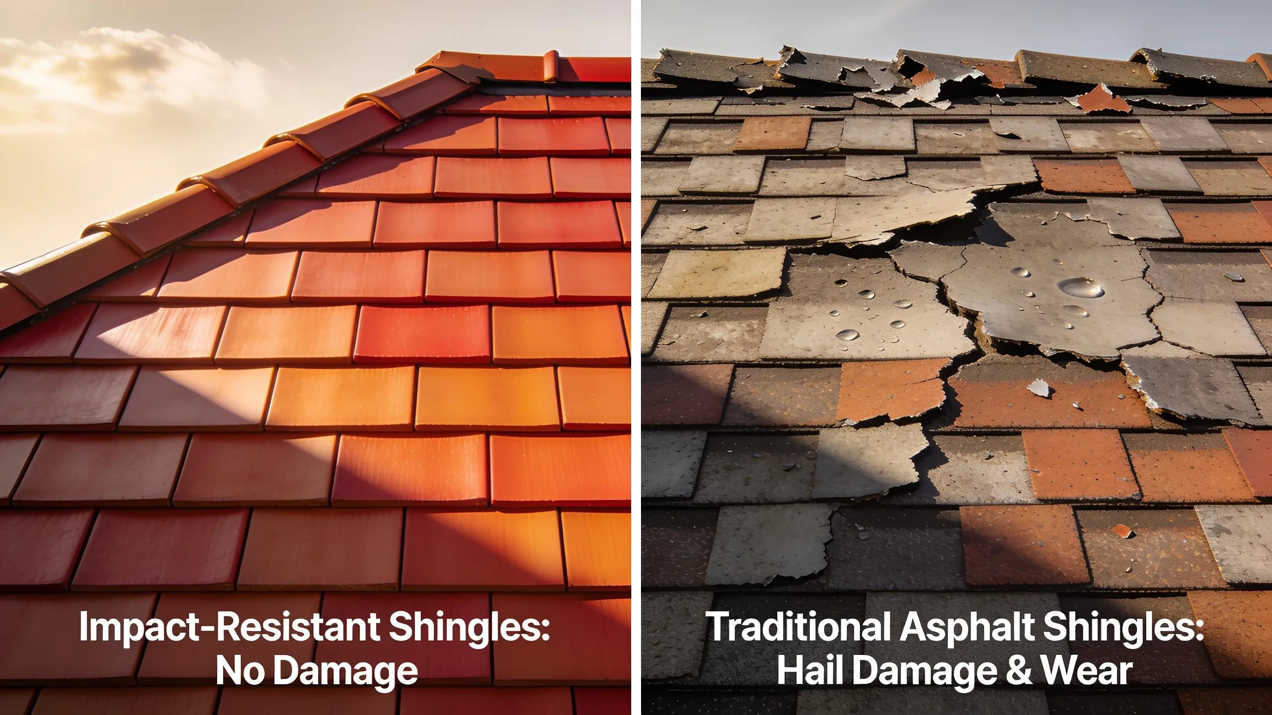 Comparison of impact-resistant shingles and traditional asphalt roofing, illustrating durability differences.