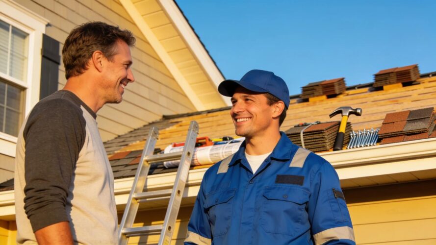 Roofing expert and homeowner engaging in consultation about roofing repairs