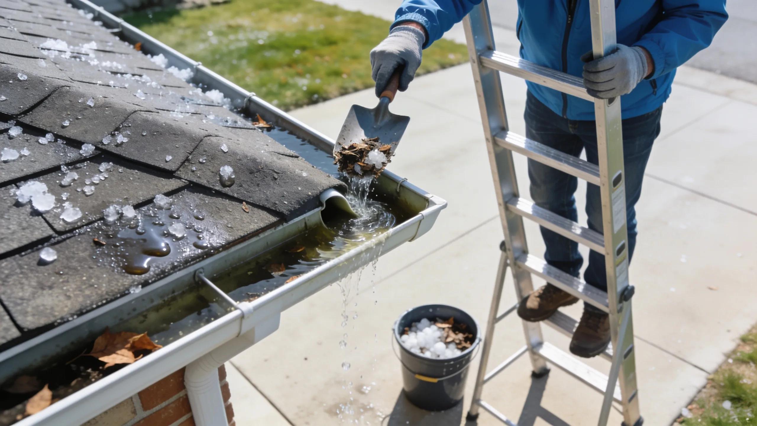 Homeowner actively cleaning gutters to maintain roof health following a hailstorm, promoting seasonal maintenance