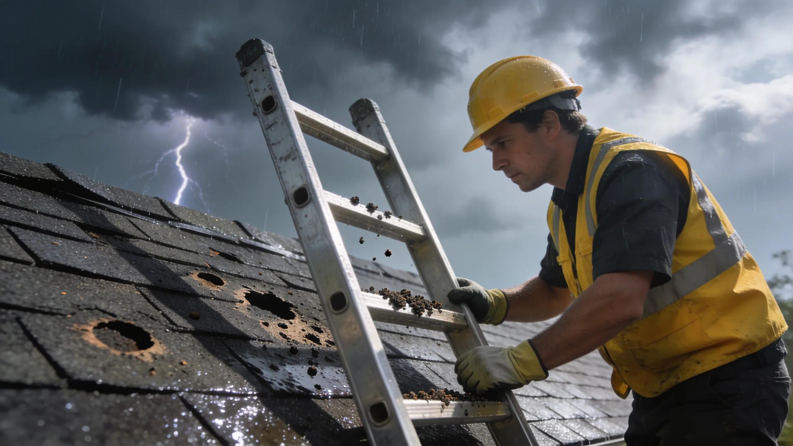 Home inspector assessing hail damage on roof shingles, focusing on visual symptoms and safety measures