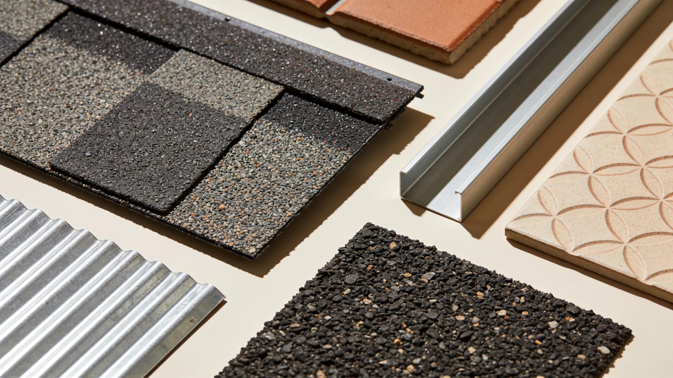 A variety of roofing materials including asphalt shingles, metal roofs, and tiles, illustrating cost variations
