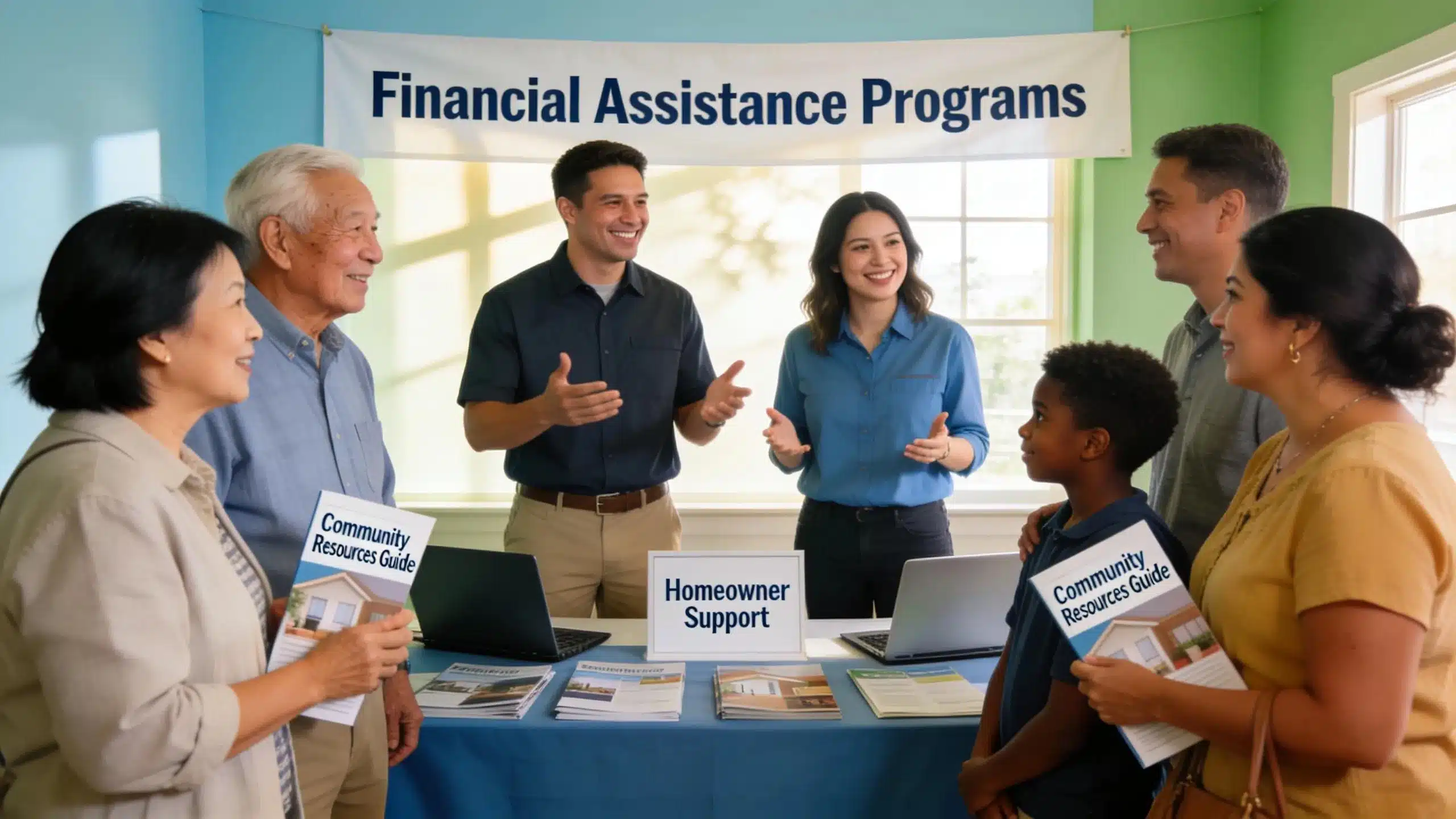 Local contractors explaining financial assistance programs to homeowners