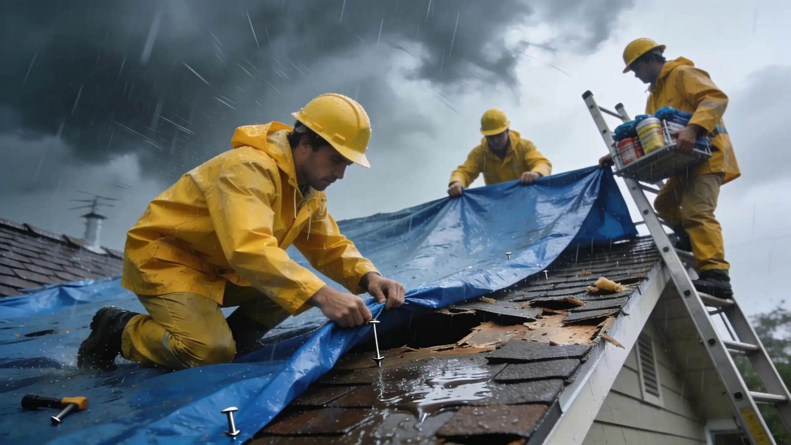 Emergency roof repair team applying tarps to a storm-damaged roof
