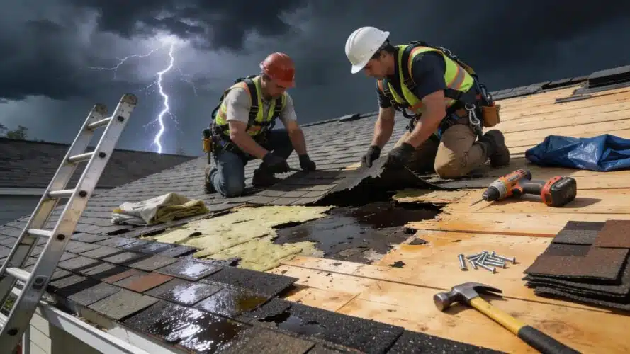Roof repair workers addressing storm damage with tools under cloudy skies