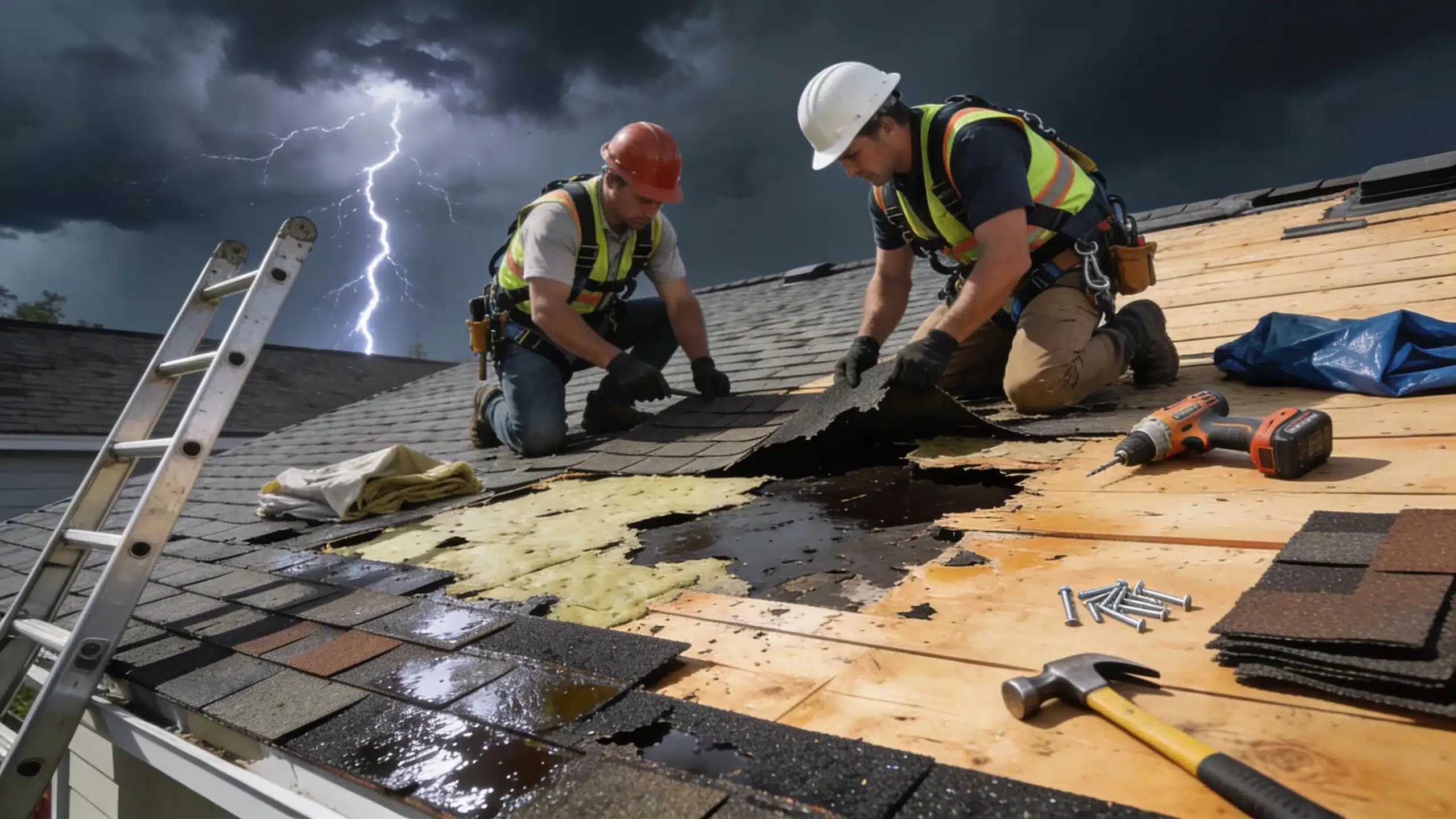 Roof repair workers addressing storm damage with tools under cloudy skies