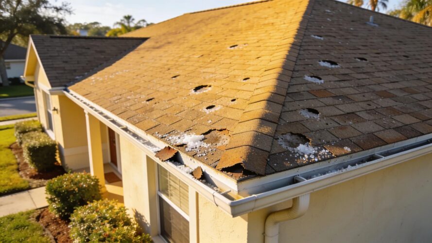 Central Florida home showing hailstorm damage on asphalt shingles, emphasizing roof health concerns
