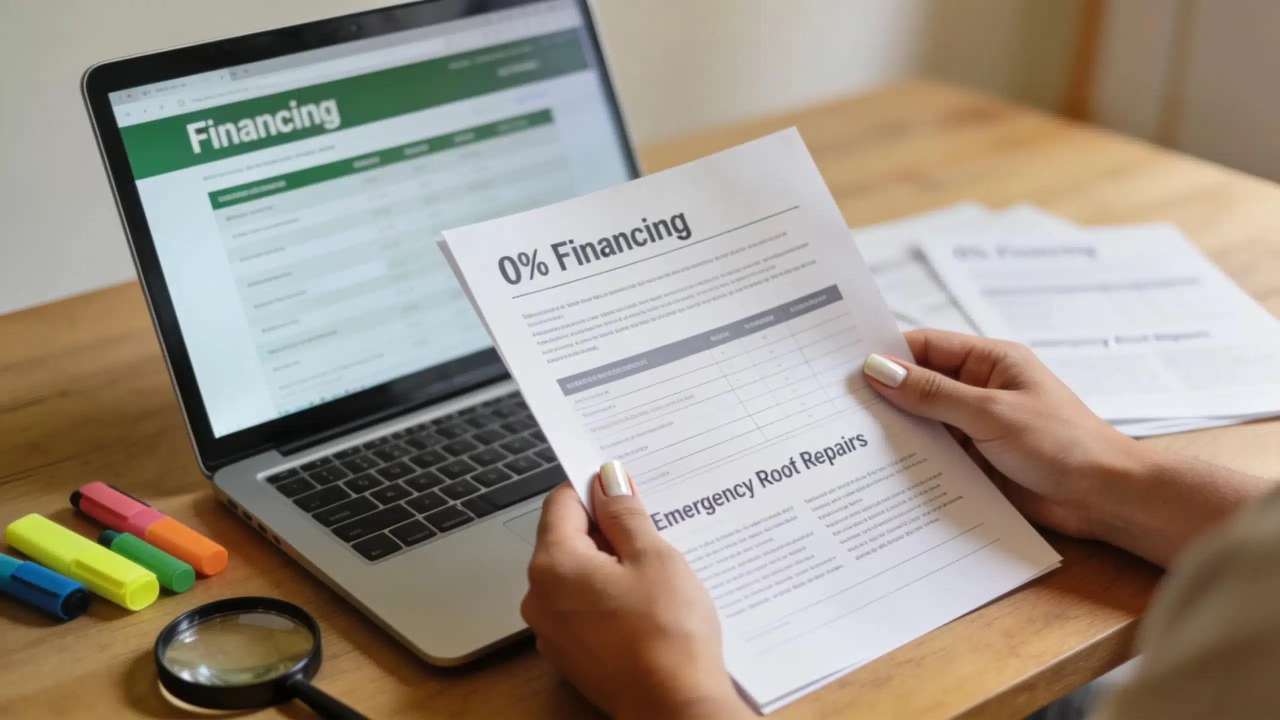 Homeowner reviewing 0% financing options for emergency roof repairs