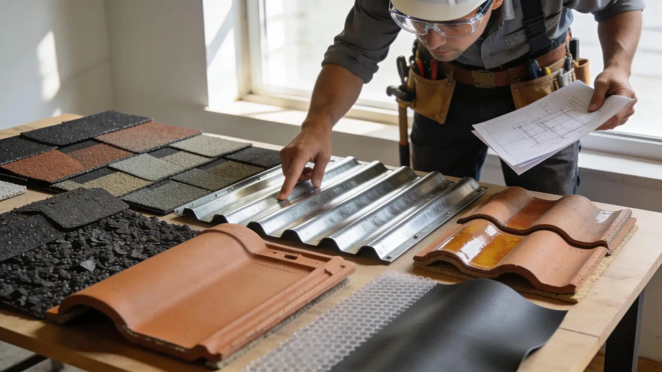 Various roofing materials laid out for assessment in a construction setting