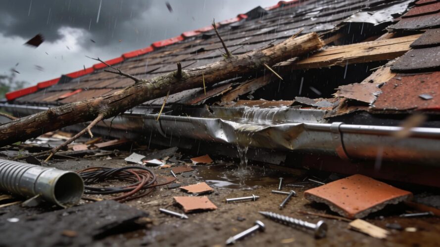 Dramatic view of a storm-damaged roof with debris highlighting repair cost concerns