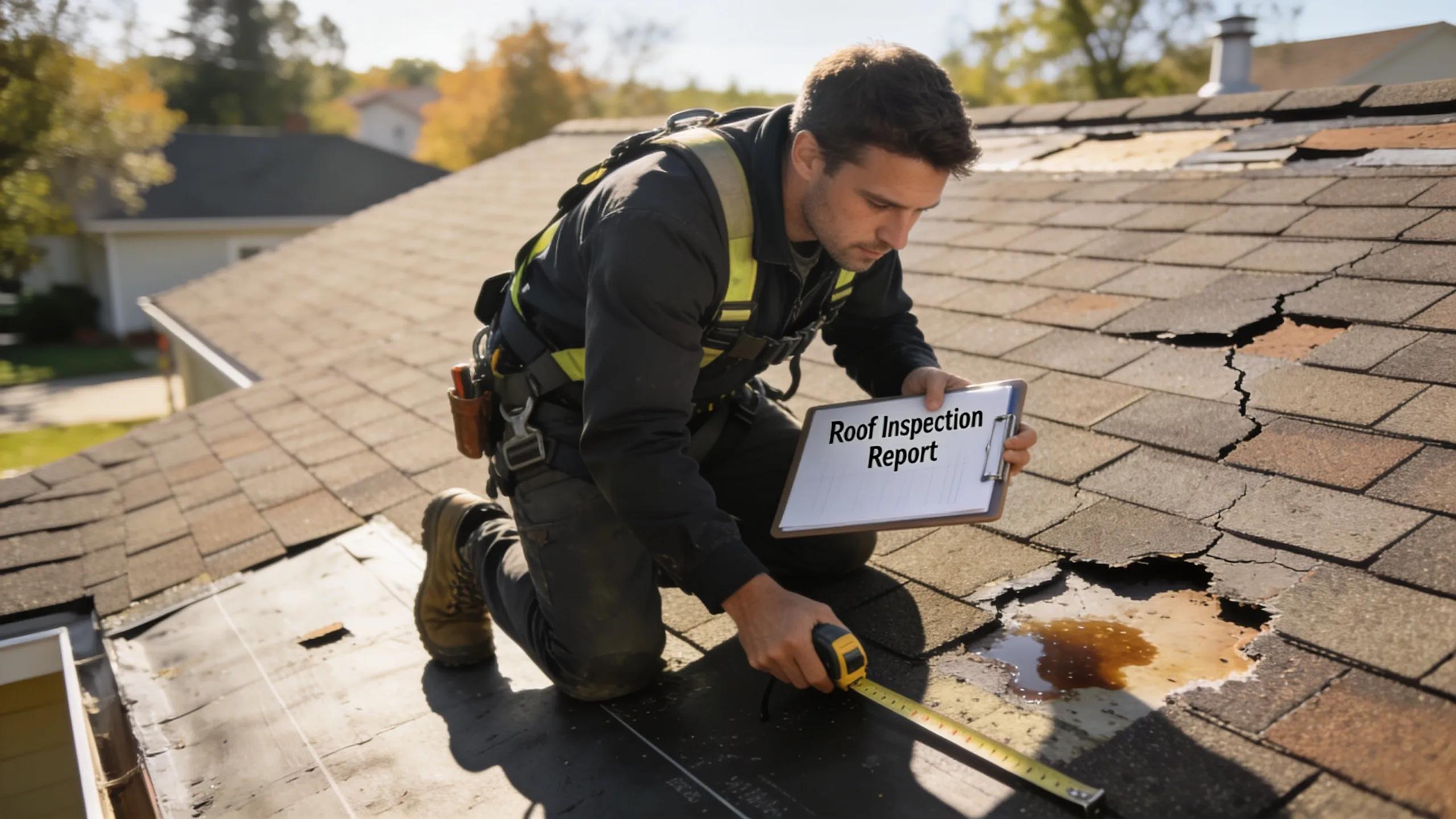 Professional roofing contractor inspecting a damaged roof with tools and a clipboard