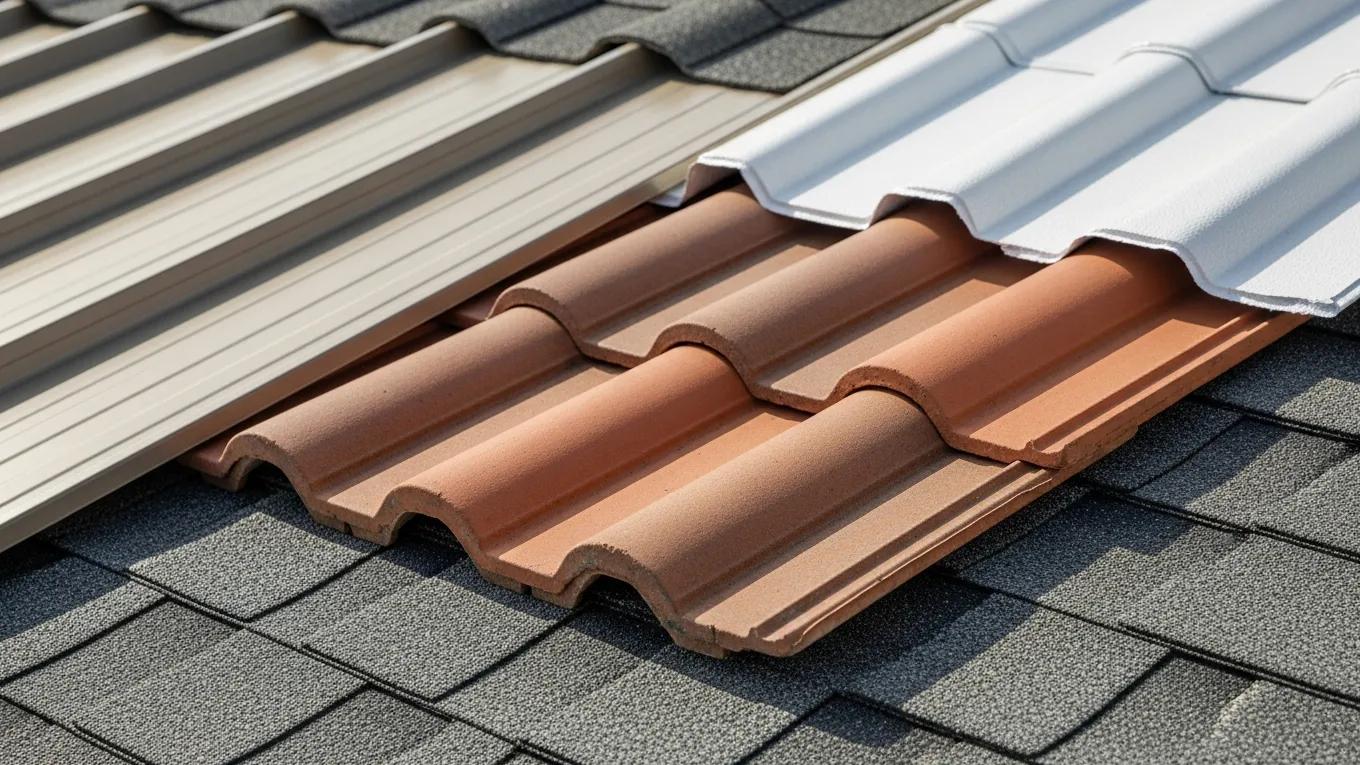 Close-up of energy-efficient roofing materials including metal, cool shingles, and tile