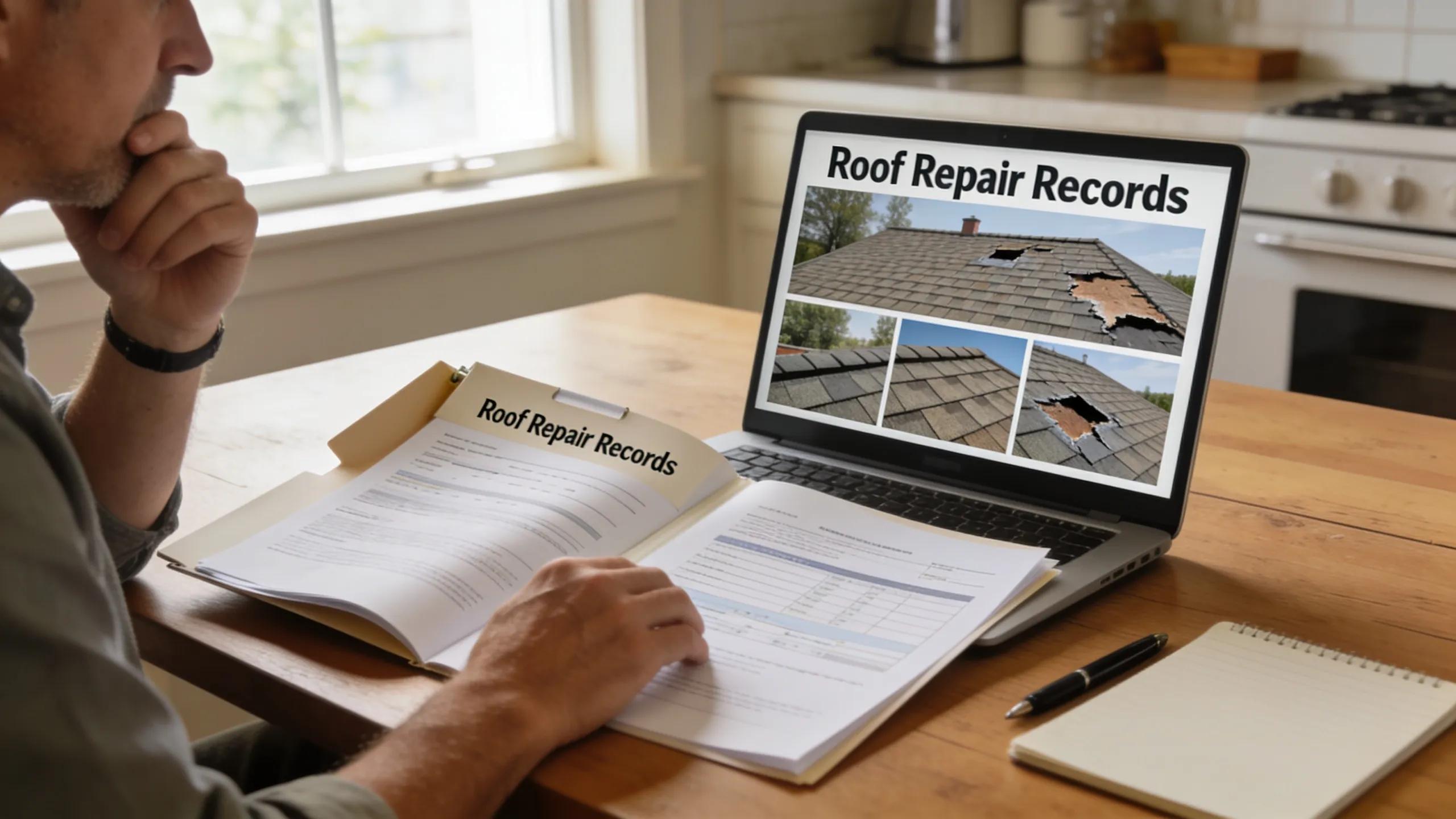 Homeowner reviewing warranty documents and repair records for roofing claims