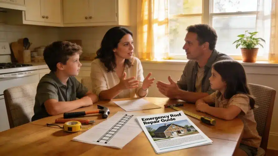 Family discussing financing options for emergency roof repairs in a cozy kitchen setting