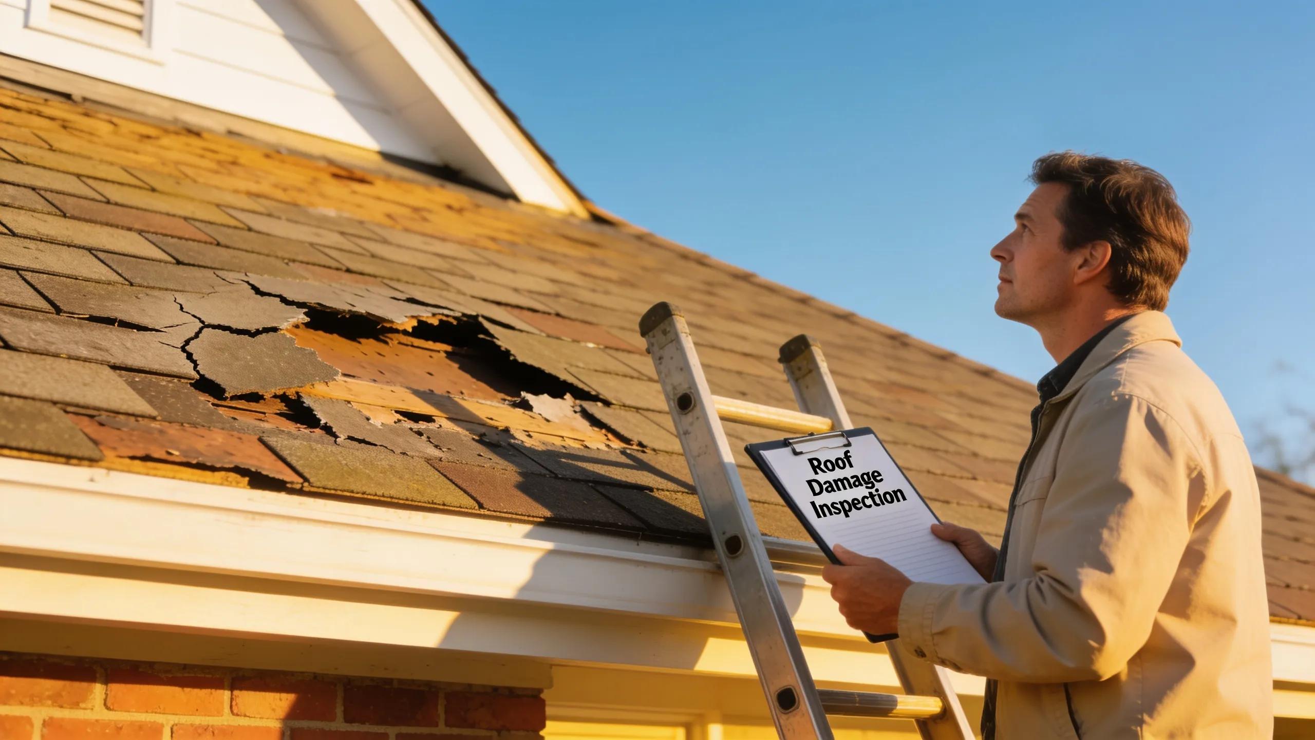 Homeowner inspecting roof damage with shingles and a clear sky in Central Florida