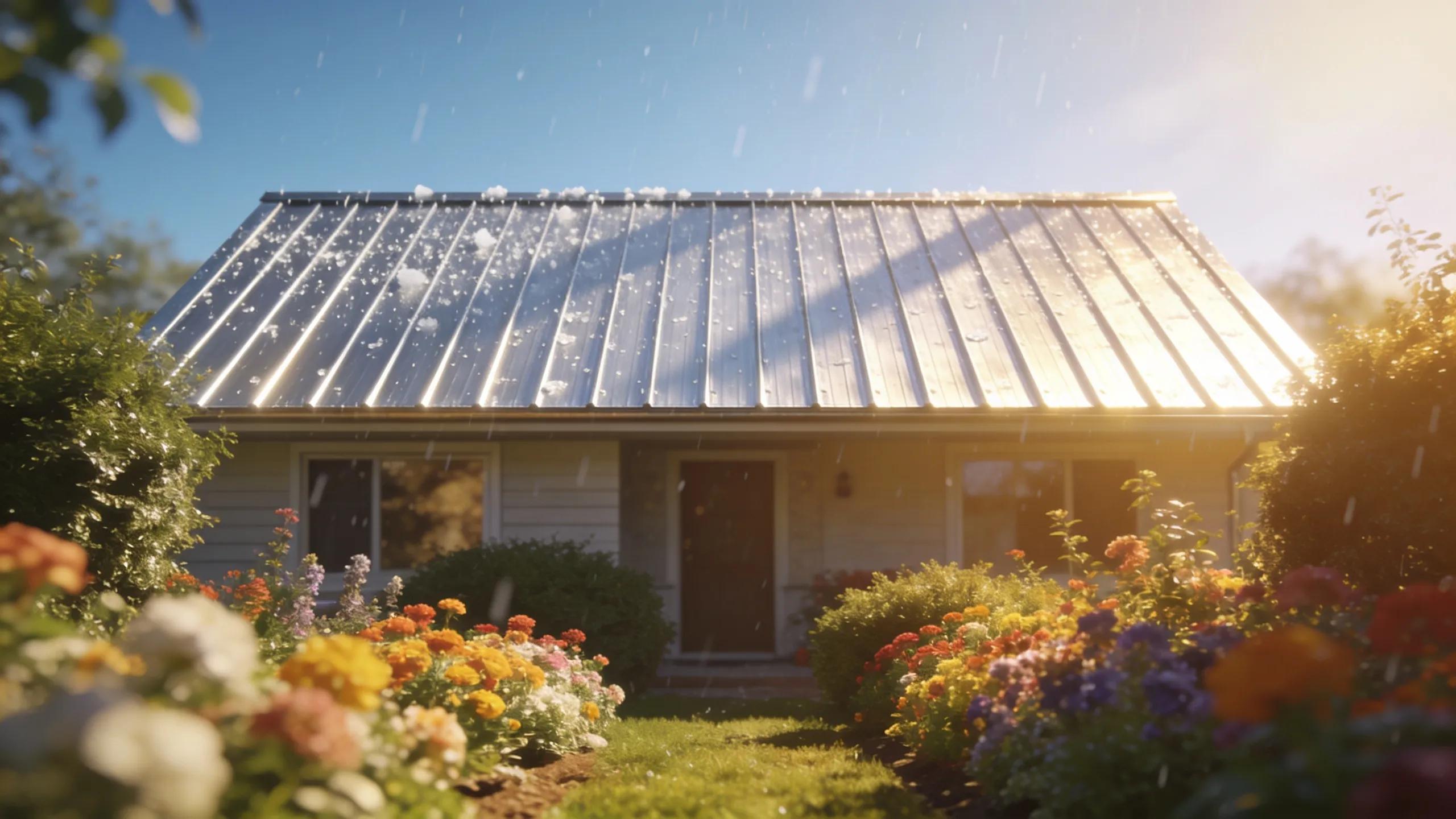 A house with a metal roof in a sunny setting, representing benefits for hail resistance and low maintenance.