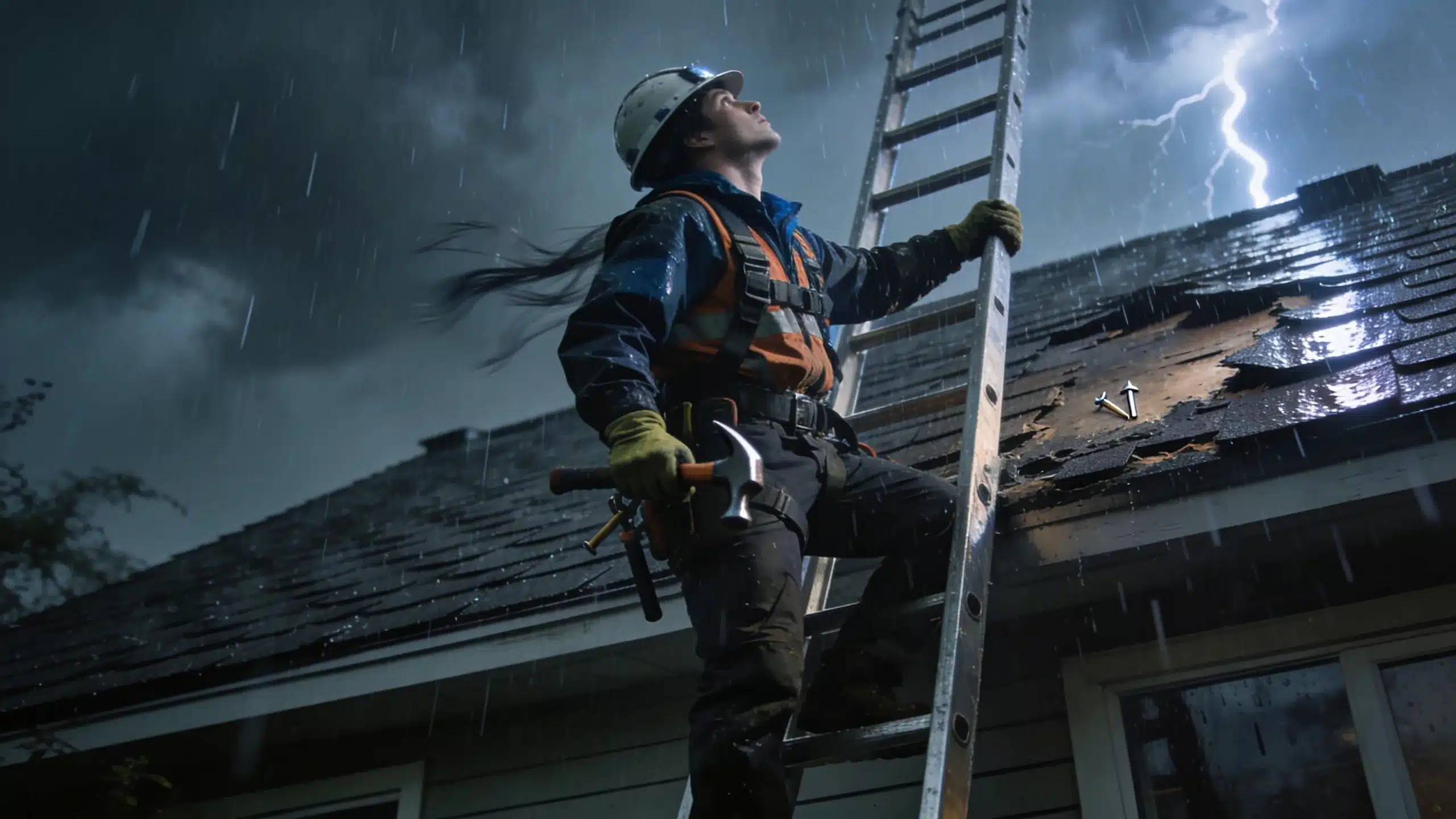 Emergency roofing repair with a professional climbing a ladder to assess weather damage
