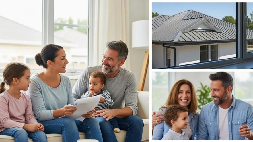 Family discussing roofing solutions and government funding opportunities in a bright home setting