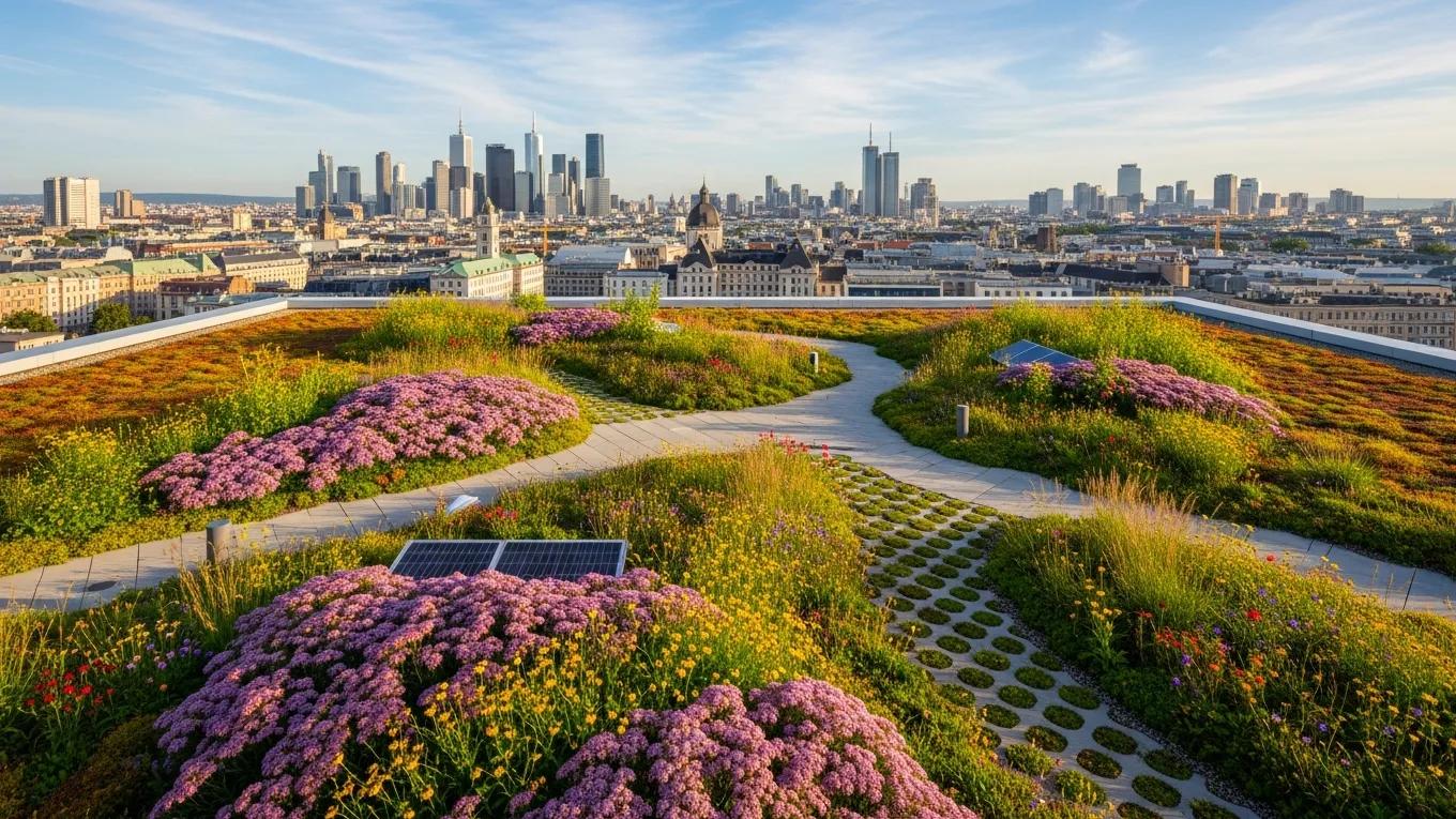 Lush green roof on a modern building with urban skyline in the background, highlighting benefits of green roofing