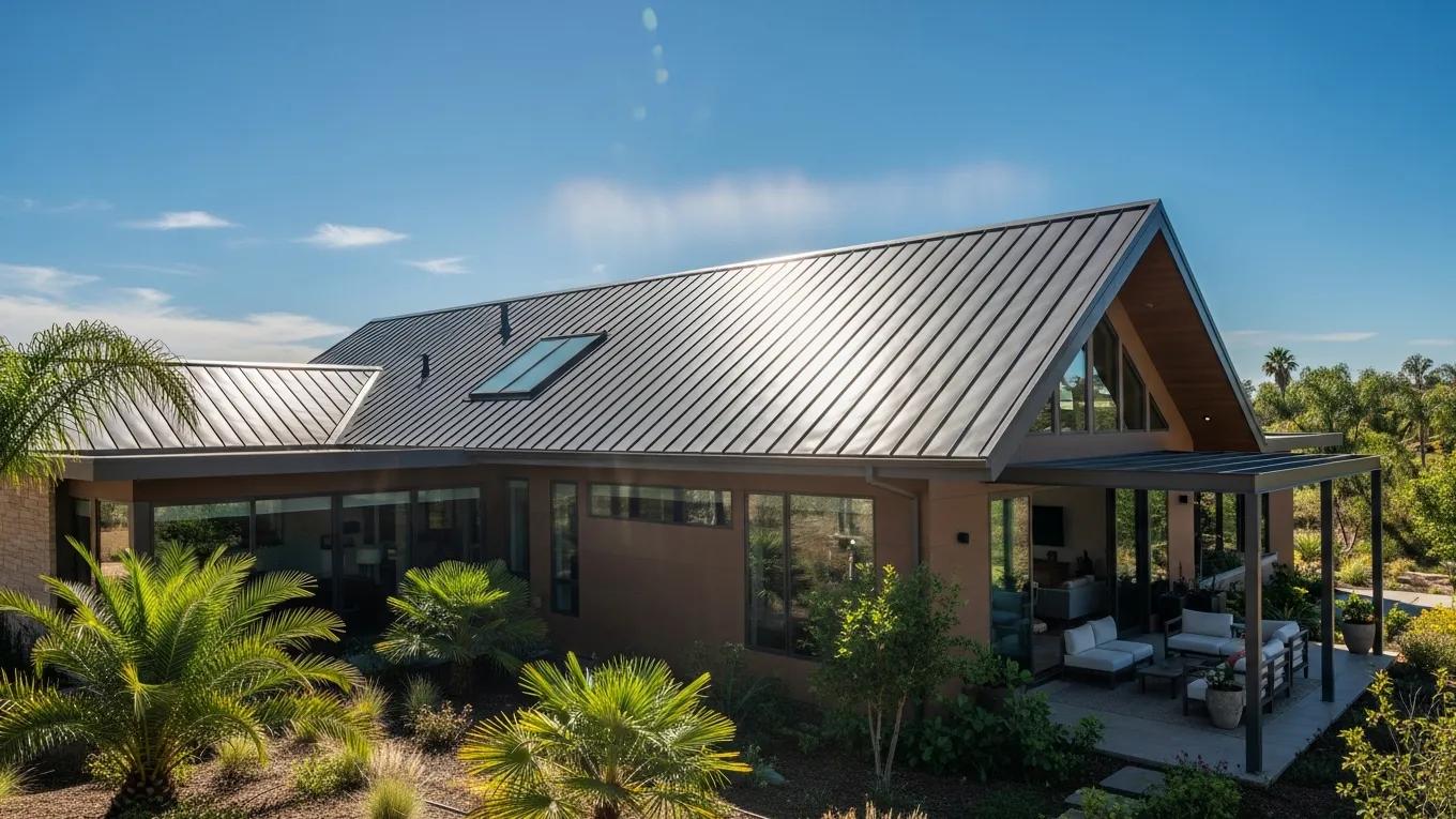 Modern home with energy-efficient roof insulation reflecting sunlight
