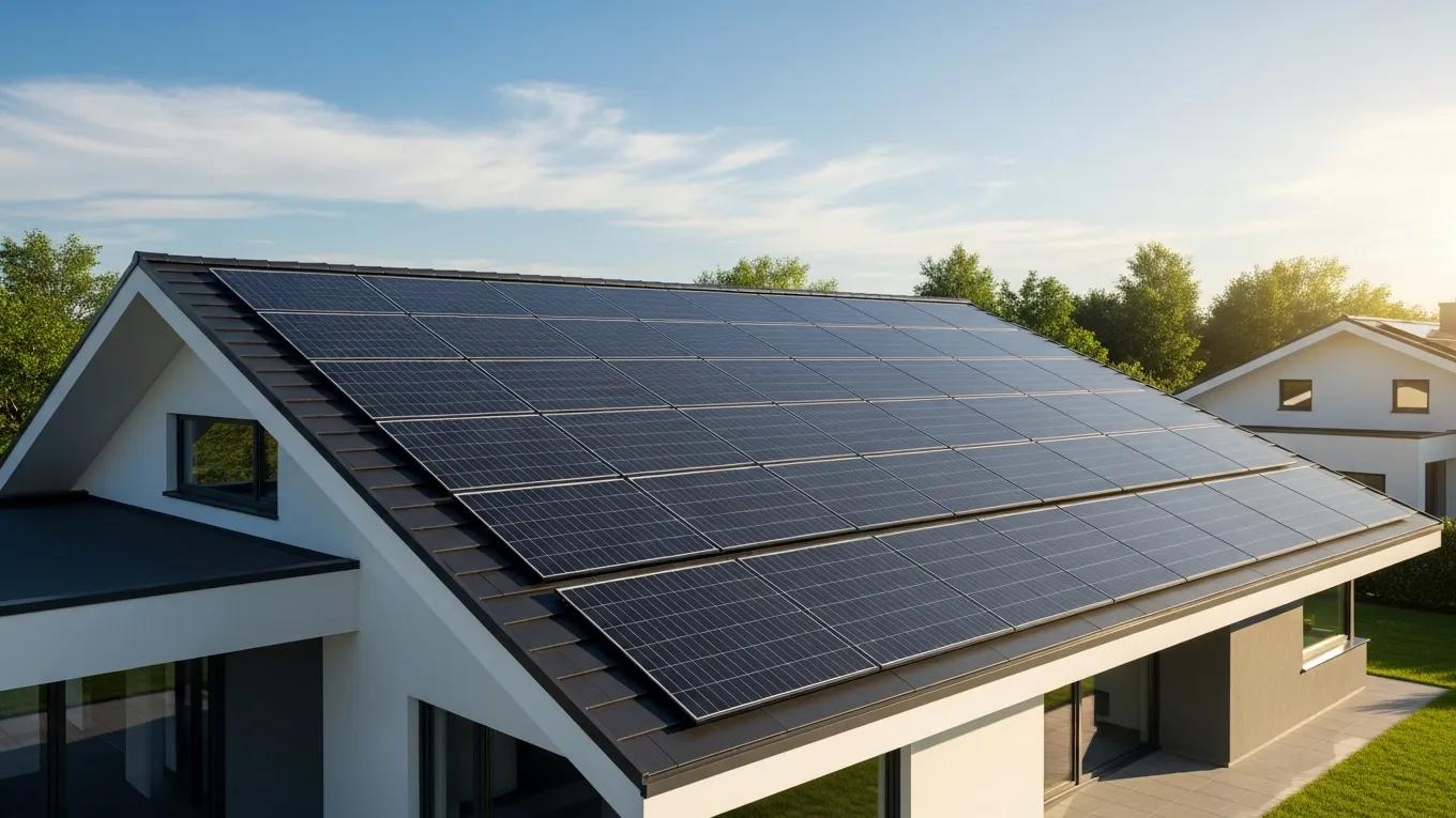 Modern roof with solar shingles illuminated by sunlight, highlighting innovation and eco-friendliness
