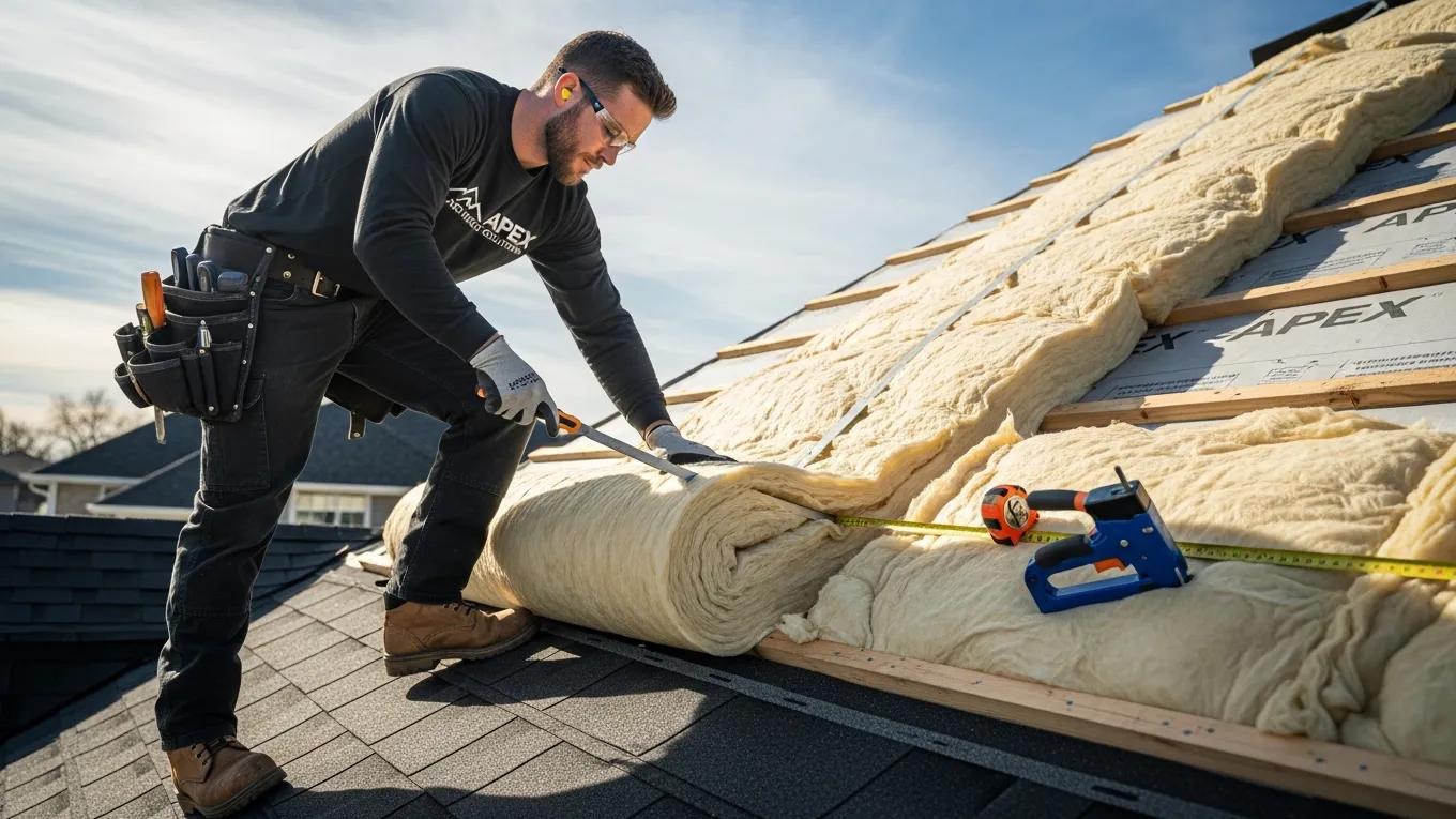 Professional contractor installing roof insulation on a house